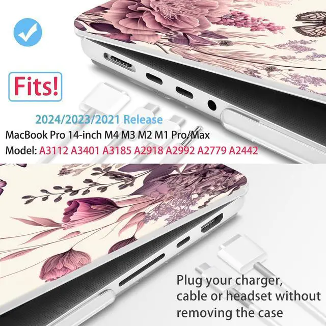 Alt view image 2 of 5 - Mektron Case for MacBook Pro 14 inch 2024 2023 2021 Model M4 A3112 A3401 A3185 M3 A2918 A2992 M2 A2779 M1 A2442 Pro/Max, Plastic Hard Shell Case Cover for MacBook Pro 14", Butterfly Flower C074