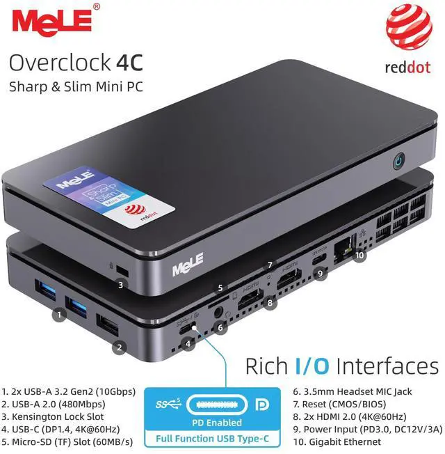 Alt view image 2 of 5 - MeLE Reddot Winner Slim Mini PC Overclock4C N300(up to 3.8GHz) 32GB RAM, 512GB Storage, Mini Desktop Computer, Triple Screen Display, Full Function USB-C on Office Education