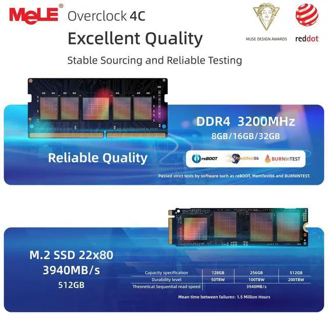 Alt view image 5 of 5 - MeLE Reddot Winner Slim Mini PC Overclock4C N300(up to 3.8GHz) 32GB RAM, 512GB Storage, Mini Desktop Computer, Triple Screen Display, Full Function USB-C on Office Education