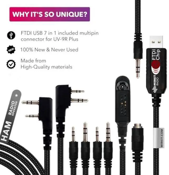 Alt view image 3 of 5 - MIRKIT FTDI USB Programming Cable, 7-in-1, Compatible with Baofeng UV-5R, UV-82, BF888S, UV-9R, BF-F8HP, Kenwood, Wouxun, Btech, 4ft Cable, for Radio Amateur