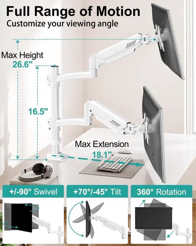 Alt view image 2 of 5 - Dual Monitor Stand for Desk, Taller Monitor Arms for 2 Screens up to 32 inch, Ergonomic Adjustable Gas Spring Double Computer Monitor Mount, Holds 4.4-22lbs, VESA 75/100mm, White, Freelift