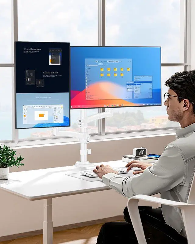 Alt view image 3 of 5 - Dual Monitor Stand for Desk, Taller Monitor Arms for 2 Screens up to 32 inch, Ergonomic Adjustable Gas Spring Double Computer Monitor Mount, Holds 4.4-22lbs, VESA 75/100mm, White, Freelift
