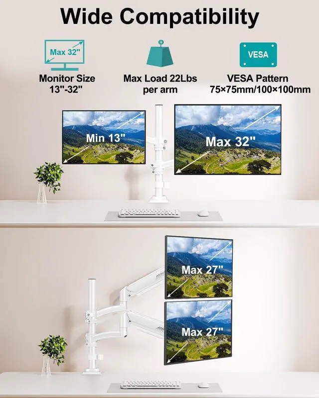 Alt view image 5 of 5 - Dual Monitor Stand for Desk, Taller Monitor Arms for 2 Screens up to 32 inch, Ergonomic Adjustable Gas Spring Double Computer Monitor Mount, Holds 4.4-22lbs, VESA 75/100mm, White, Freelift