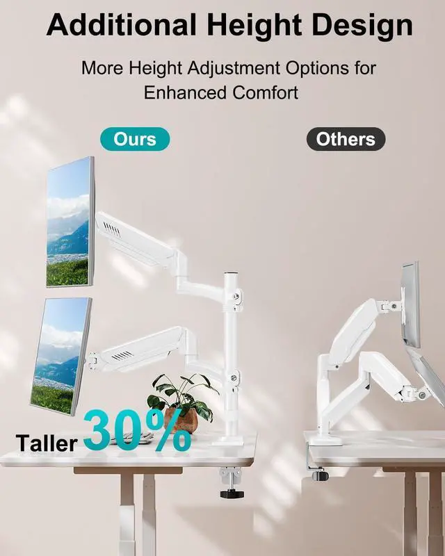 Alt view image 4 of 5 - Dual Monitor Stand for Desk, Taller Monitor Arms for 2 Screens up to 32 inch, Ergonomic Adjustable Gas Spring Double Computer Monitor Mount, Holds 4.4-22lbs, VESA 75/100mm, White, Freelift