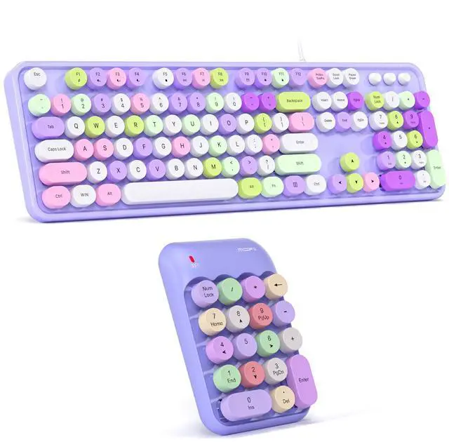 Main image of MOWUX Computer Keyboard Wired/Wireless Number Pads,Plug and Play USB Retro Round Typewriter Keyboard, Full Size Wired Keyboard with Foldable Stands for Laptop and Office PC- Purple Colorful