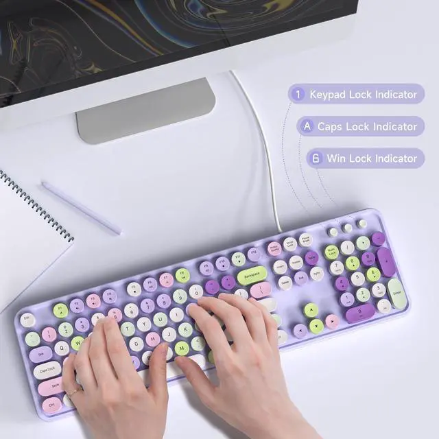 Alt view image 4 of 5 - MOWUX Computer Keyboard Wired/Wireless Number Pads,Plug and Play USB Retro Round Typewriter Keyboard, Full Size Wired Keyboard with Foldable Stands for Laptop and Office PC- Purple Colorful