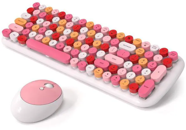 Main image of Wireless Keyboard and Mouse Combo, MOWUX - Modern Compact Layout, Colorful Compact Candy Mouse and Retro Round Keyboard Set with Cover, for PC/Laptop/Windows/Mac - White Pink Colorful