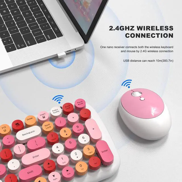 Alt view image 2 of 5 - Wireless Keyboard and Mouse Combo, MOWUX - Modern Compact Layout, Colorful Compact Candy Mouse and Retro Round Keyboard Set with Cover, for PC/Laptop/Windows/Mac - White Pink Colorful