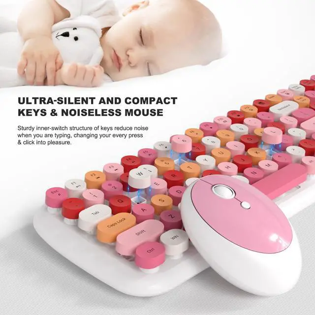 Alt view image 4 of 5 - Wireless Keyboard and Mouse Combo, MOWUX - Modern Compact Layout, Colorful Compact Candy Mouse and Retro Round Keyboard Set with Cover, for PC/Laptop/Windows/Mac - White Pink Colorful
