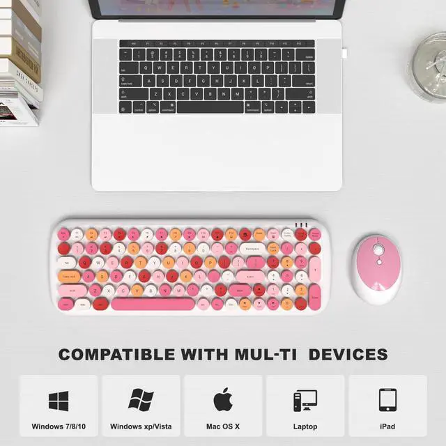 Alt view image 3 of 5 - Wireless Keyboard and Mouse Combo, MOWUX - Modern Compact Layout, Colorful Compact Candy Mouse and Retro Round Keyboard Set with Cover, for PC/Laptop/Windows/Mac - White Pink Colorful