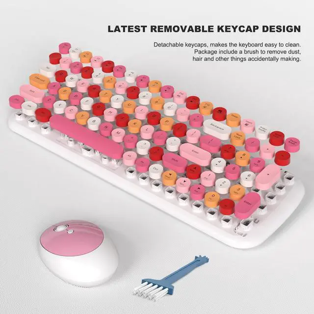Alt view image 5 of 5 - Wireless Keyboard and Mouse Combo, MOWUX - Modern Compact Layout, Colorful Compact Candy Mouse and Retro Round Keyboard Set with Cover, for PC/Laptop/Windows/Mac - White Pink Colorful