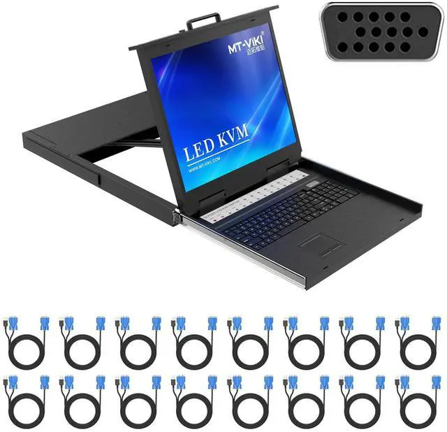 Main image of MT-VIKI 19'' LCD KVM Console, 16 Port VGA KVM Switch w/Keyboard+Monitor+Mouse+Drawer+Touchpad, Support OSD/Hotkey/Panel Button Switching (Included 16 KVM Cables)
