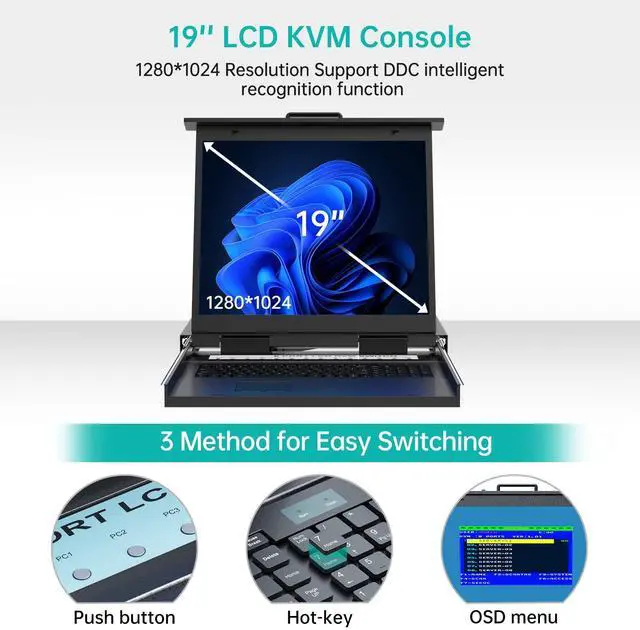 Alt view image 3 of 5 - MT-VIKI 19'' LCD KVM Console, 16 Port VGA KVM Switch w/Keyboard+Monitor+Mouse+Drawer+Touchpad, Support OSD/Hotkey/Panel Button Switching (Included 16 KVM Cables)
