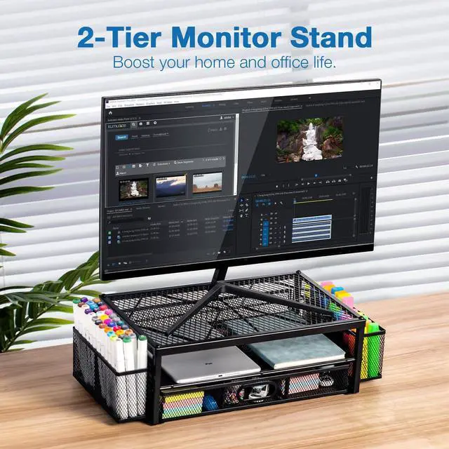 Alt view image 2 of 5 - NCXTKJ 2-Tier Monitor Stand for Desk, Metal Computer Monitor Riser with Drawer and 2 Pen Holders, Laptop Riser Mesh Desk Organizer for Home Office Supplies Desktop Accessories, Black
