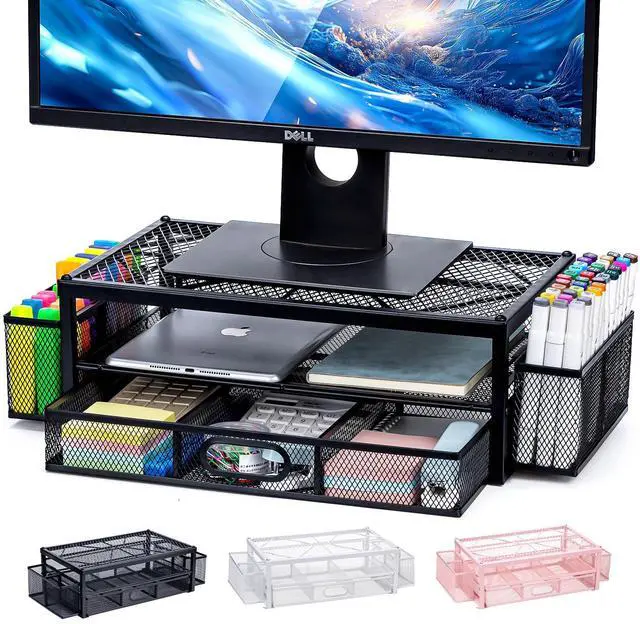 Main image of NCXTKJ 2-Tier Monitor Stand for Desk, Metal Computer Monitor Riser with Drawer and 2 Pen Holders, Laptop Riser Mesh Desk Organizer for Home Office Supplies Desktop Accessories, Black