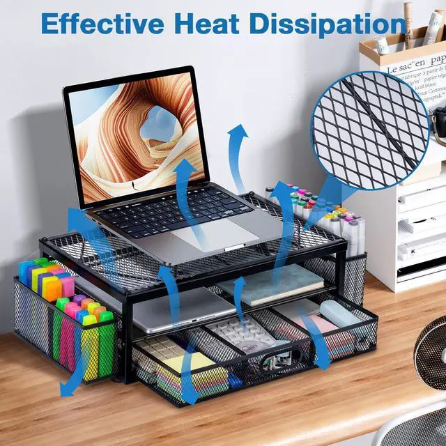Alt view image 5 of 5 - NCXTKJ 2-Tier Monitor Stand for Desk, Metal Computer Monitor Riser with Drawer and 2 Pen Holders, Laptop Riser Mesh Desk Organizer for Home Office Supplies Desktop Accessories, Black