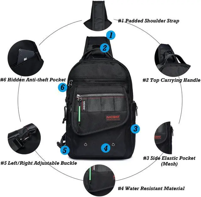 Alt view image 3 of 5 - NICGID Sling Bags, Chest Shoulder Backpacks Crossbody Purse Outdoor Chest Bag Travel Backpack for Men Women (Black-385)