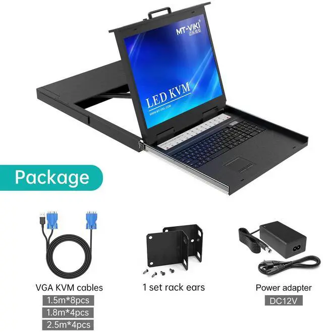 Alt view image 4 of 5 - MT-VIKI 19'' LCD KVM Console, 16 Port VGA KVM Switch w/Keyboard+Monitor+Mouse+Drawer+Touchpad, Support OSD/Hotkey/Panel Button Switching (Included 16 KVM Cables)