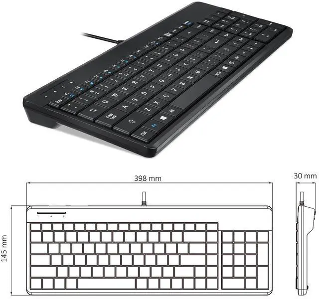 Alt view image 3 of 5 - Perixx PERIBOARD-220H US, Wired Compact USB Keyboard with 2 Hubs - Build-in Numeric Keypad - Black - US English Layout, (11506)