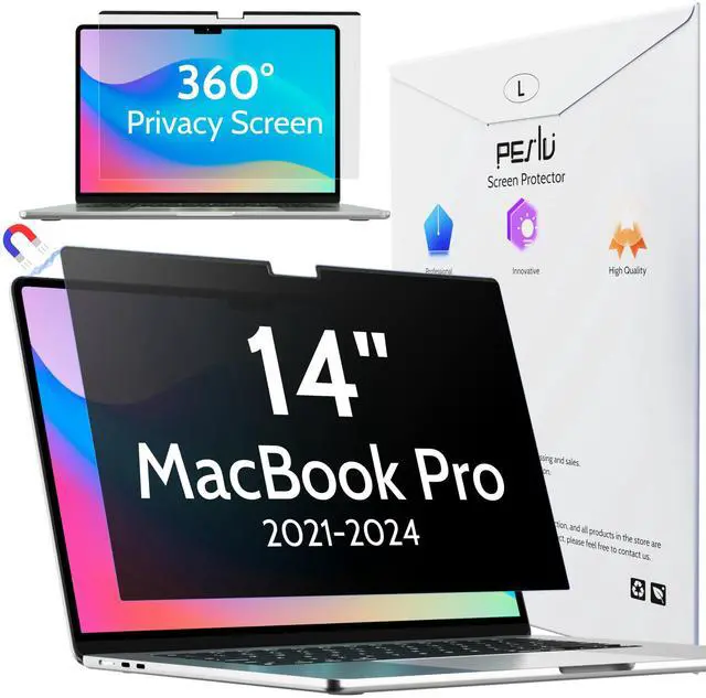 Main image of Peslv Magnetic 360deg Privacy Screen for Macbook Pro 14 Inch (2021-2024, M1, M2, M3, M4), Removable Matte Anti Glare Blue Light Protector 4 Way Private Security Filter for Mac Laptop Computer