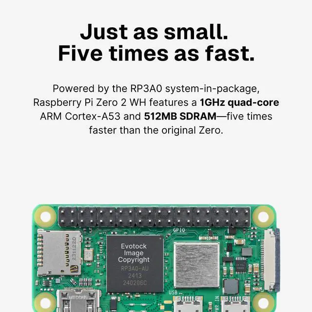 Alt view image 3 of 5 - Pi Zero 2 WH - Pre Soldered Header, Quad-Core 1GHz CPU, 512MB RAM, Wi-Fi & Bluetooth, Mini HDMI, Micro USB, 40 GPIO, CSI Camera Port, 2023 Edition