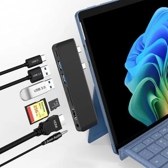 Main image of Surface Pro 11/10/9 Accessories Docking Station & Adapter - 7-in-1 USB-C Hub for Dual Monitor, with 4K HDMI, USB C Thunderbolt 4 (8K@30Hz/40Gbps/100W PD), 2 USB 3.0, SD/TF Card Reader & 3.5mm Audio