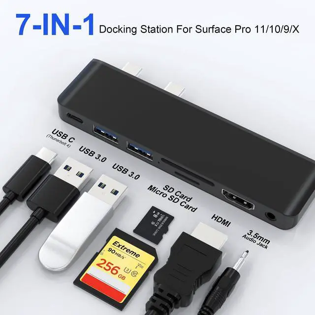 Alt view image 2 of 5 - Surface Pro 11/10/9 Accessories Docking Station & Adapter - 7-in-1 USB-C Hub for Dual Monitor, with 4K HDMI, USB C Thunderbolt 4 (8K@30Hz/40Gbps/100W PD), 2 USB 3.0, SD/TF Card Reader & 3.5mm Audio