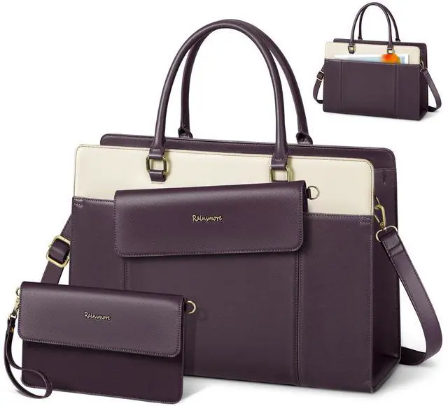 Main image of RAINSMORE Laptop Bag for Women 15.6 inch Leather Laptop Tote Bag Large Computer Bags Waterproof Business Office Work Bags Briefcase with Satchel Purse 2pcs Set, Purple