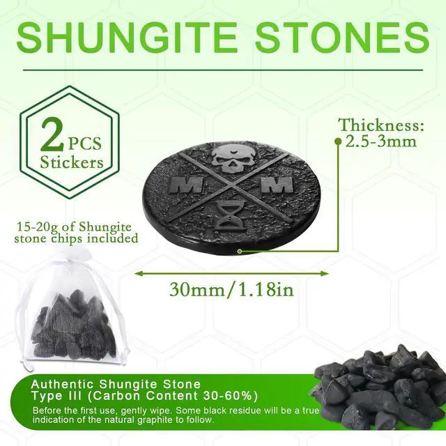 Alt view image 2 of 5 - 2 Pcs Shungite Sticker for Cell Phone + Raw Shungite Stones Set - 30 mm/1.18 inch Shungite Plate for Laptop Computer Memento Mori