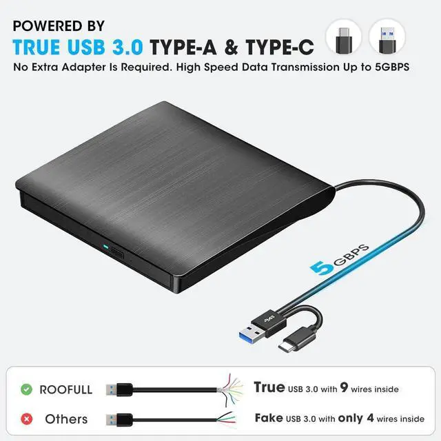 Alt view image 3 of 5 - ROOFULL External CD DVD Drive for Windows 11/10/7 Laptop, USB 3.0 & USB-C CD DVD ROM +/-RW Disc Drive Burner Player Reader Writer Rewriter for Windows Laptop Desktop PC Computer