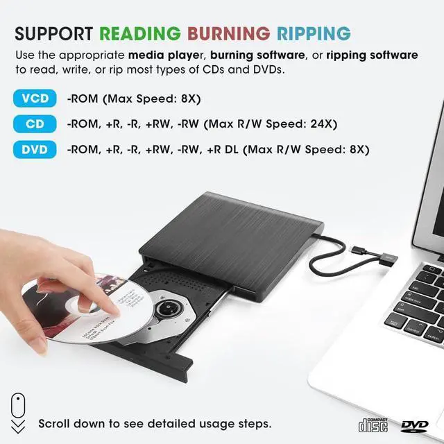 Alt view image 4 of 5 - ROOFULL External CD DVD Drive for Windows 11/10/7 Laptop, USB 3.0 & USB-C CD DVD ROM +/-RW Disc Drive Burner Player Reader Writer Rewriter for Windows Laptop Desktop PC Computer