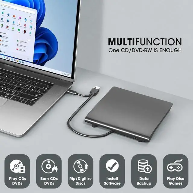 Alt view image 5 of 5 - ROOFULL External CD DVD Drive for Windows 11/10/7 Laptop, USB 3.0 & USB-C CD DVD ROM +/-RW Disc Drive Burner Player Reader Writer Rewriter for Windows Laptop Desktop PC Computer