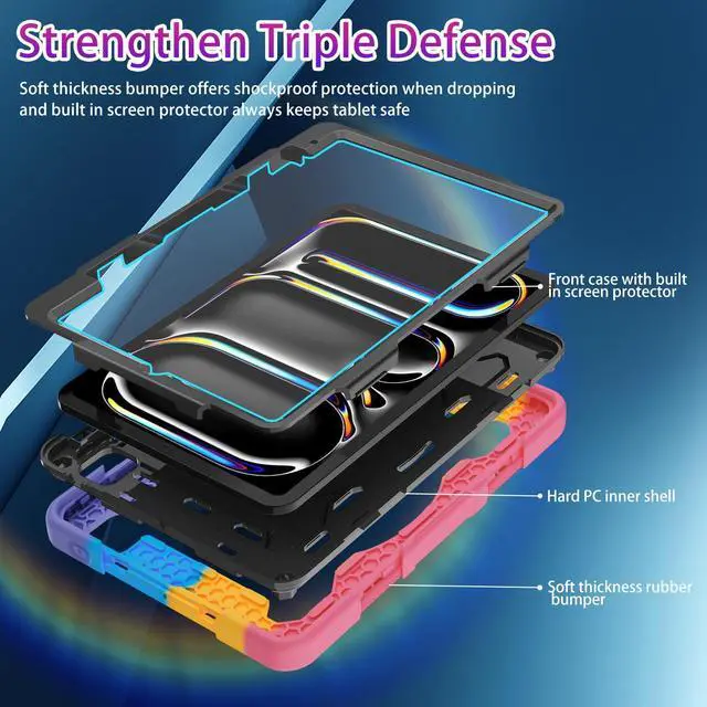 Alt view image 2 of 5 - ROSROME for 2024 iPad Pro 11 Inch Case M4 5th Generation for Kids (Model A2836, A2837, A3006) with HD Screen Protector, Shoulder Strap, 360 Stand, Hand Strap, Pen Holder|15ft Drop Protection|