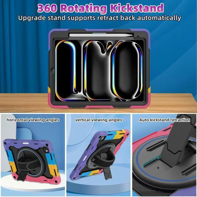 Alt view image 4 of 5 - ROSROME for 2024 iPad Pro 11 Inch Case M4 5th Generation for Kids (Model A2836, A2837, A3006) with HD Screen Protector, Shoulder Strap, 360 Stand, Hand Strap, Pen Holder|15ft Drop Protection|