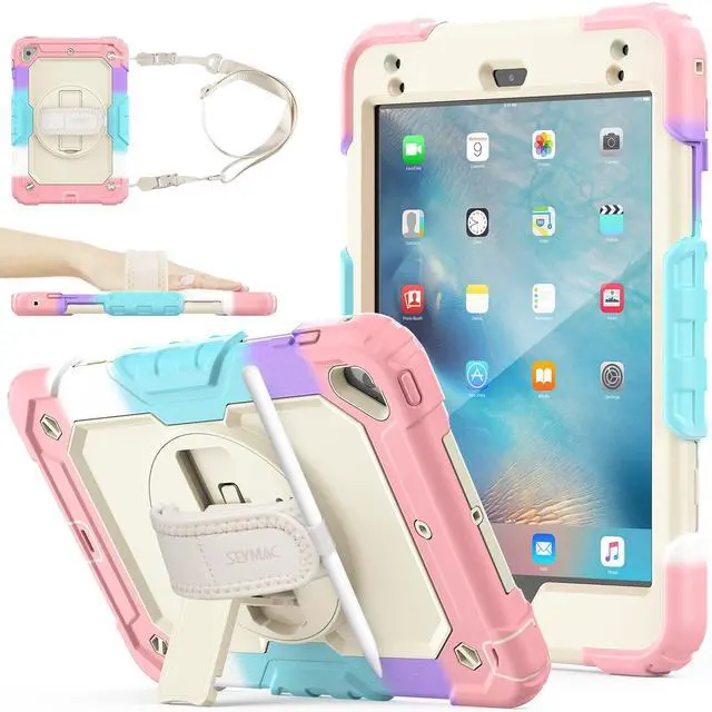 Main image of SEYMAC stock Case for iPad Mini 5/4 with Screen Protector Pencil Holder [360 Rotating Hand Strap] & Stand, Drop-Proof Case for iPad Mini 5th/4th Generation 7.9 inch (Yellowish+Rose)