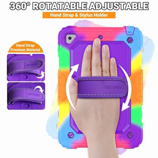 Alt view image 3 of 5 - SEYMAC for iPad Mini 5/ Mini 4 Case 7.9 Inch, Sturdy Heavy Duty Shockproof Full-Body Protective Case with Screen Protector, Rotating Stand, Hand/Shoulder Strap for iPad Mini 5th/4th Gen, Camo/Purple