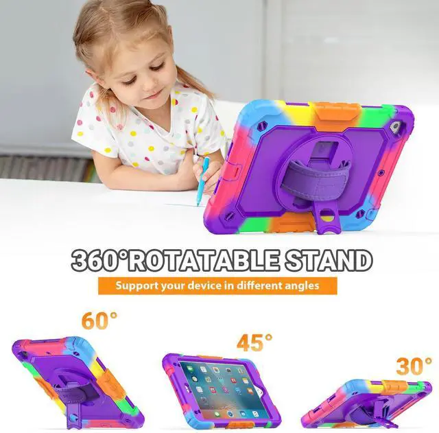 Alt view image 4 of 5 - SEYMAC for iPad Mini 5/ Mini 4 Case 7.9 Inch, Sturdy Heavy Duty Shockproof Full-Body Protective Case with Screen Protector, Rotating Stand, Hand/Shoulder Strap for iPad Mini 5th/4th Gen, Camo/Purple