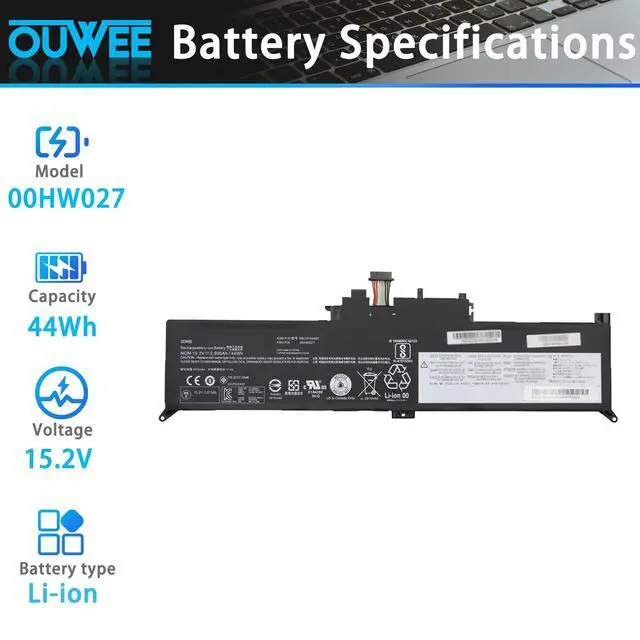 Alt view image 2 of 5 - OUWEE 00HW027 Laptop Battery Compatible with Lenovo ThinkPad Yoga 260 Series Notebook 00HW026 SB10F46464 SB10F46465 15.2V 44Wh 2895mAh