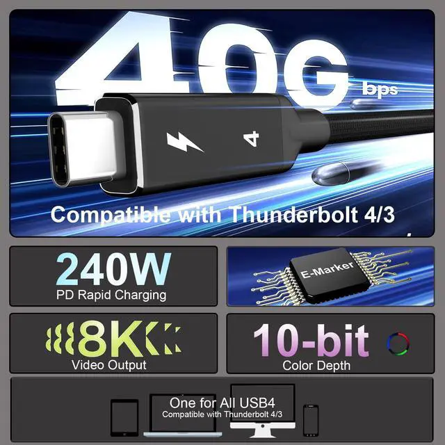 Alt view image 2 of 5 - Starinnox 10Ft Thunderbolt 4 USB4 Cable, 40Gbps Data Transfer, 8K HD Display, 240W Fast Charging, Compatible with Thunderbolt 3/4 & USB-C Devices (3m)