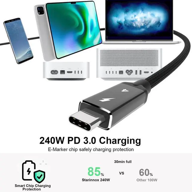 Alt view image 4 of 5 - Starinnox 10Ft Thunderbolt 4 USB4 Cable, 40Gbps Data Transfer, 8K HD Display, 240W Fast Charging, Compatible with Thunderbolt 3/4 & USB-C Devices (3m)