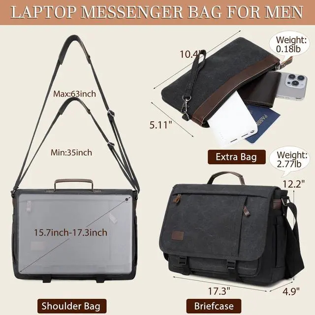 Alt view image 2 of 5 - 17.3 Inch Messenger Bag for Men: 2PCS Laptop Work PU Leather Canvas Briefcase Carry On Large Computer for Office College Travel (Black)