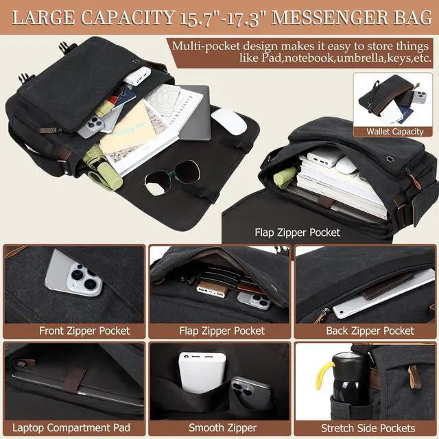 Alt view image 3 of 5 - 17.3 Inch Messenger Bag for Men: 2PCS Laptop Work PU Leather Canvas Briefcase Carry On Large Computer for Office College Travel (Black)