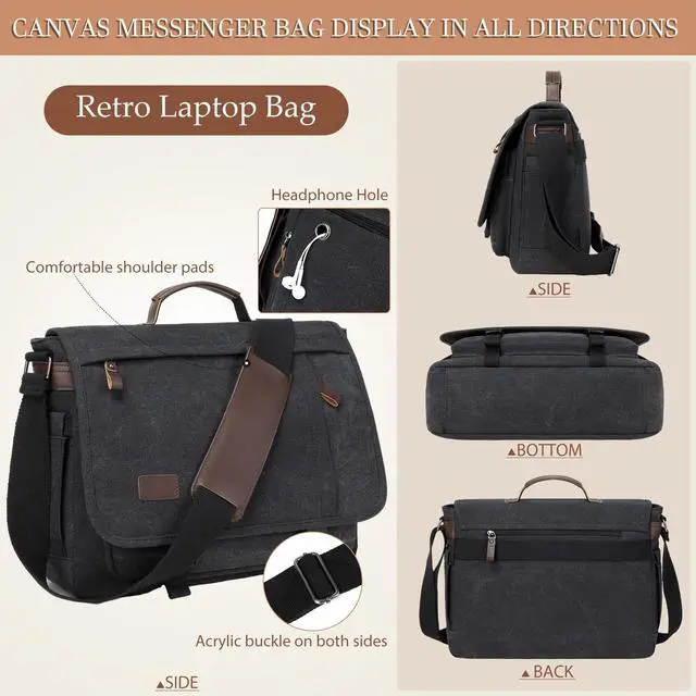 Alt view image 5 of 5 - 17.3 Inch Messenger Bag for Men: 2PCS Laptop Work PU Leather Canvas Briefcase Carry On Large Computer for Office College Travel (Black)