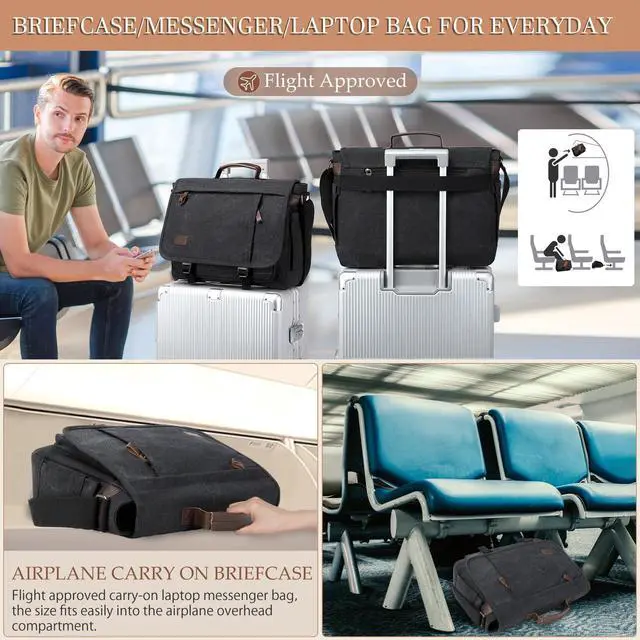 Alt view image 4 of 5 - 17.3 Inch Messenger Bag for Men: 2PCS Laptop Work PU Leather Canvas Briefcase Carry On Large Computer for Office College Travel (Black)