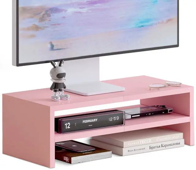Main image of TEAMIX 2 Tiers Pink Monitor Stand Riser, Desktop Stand with Keyboard Storage Small TV Stand Laptop Wooden Desk Organizer Cute Shelf (Pink, 2 Tiers)