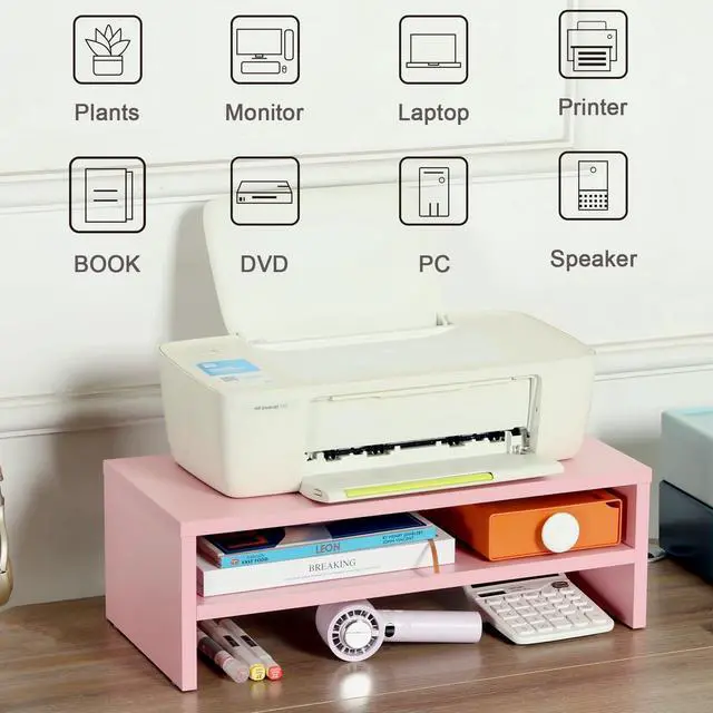 Alt view image 5 of 5 - TEAMIX 2 Tiers Pink Monitor Stand Riser, Desktop Stand with Keyboard Storage Small TV Stand Laptop Wooden Desk Organizer Cute Shelf (Pink, 2 Tiers)