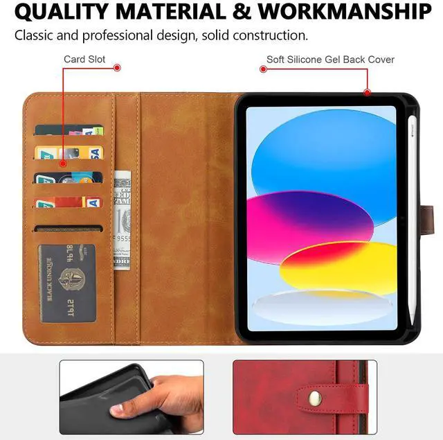Alt view image 3 of 5 - Folio Case for iPad (A16) 11" 2025 / iPad 10th Generation 2022, TECHCIRCLE Vegan Leather Folding Stand [Pencil Holder] Soft TPU Back Shell Protective Smart Cover with Card Slots & Pockets, Red