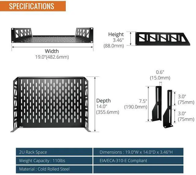 Alt view image 2 of 5 - Tecmojo 2U Rack Shelf,19 inch Server Rack Shelf 14 inch Depth,Weight Capacity 110Lbs/50kg,Rack Mount Shelf for 19" Network Racks & Cabinets,with Complete Accessories