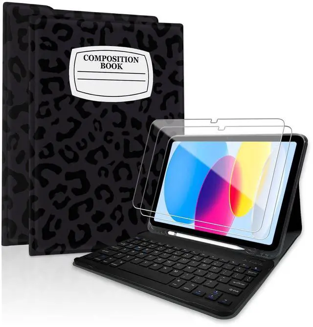 Main image of TopPerfekt for iPad Air 11-inch (M2 2024/M3 2025) Bluetooth Keyboard Case with Screen Protector 2 Pack 9H Hardness Tempered Glass, Detachable, for iPad Air4/5th 2020/2022 10.9" -Notebook LeopardBlack