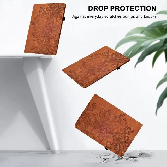 Alt view image 2 of 5 - Case for Kindle Fire HD 10 & 10 Plus (13th/11th Generation, 2023/2021) 10.1", Embossed Lace PU Leather Flip Folio Tablet Case with Elastic Band & Card Slots/Holder, Multi-Angle Stand Cover, Brown